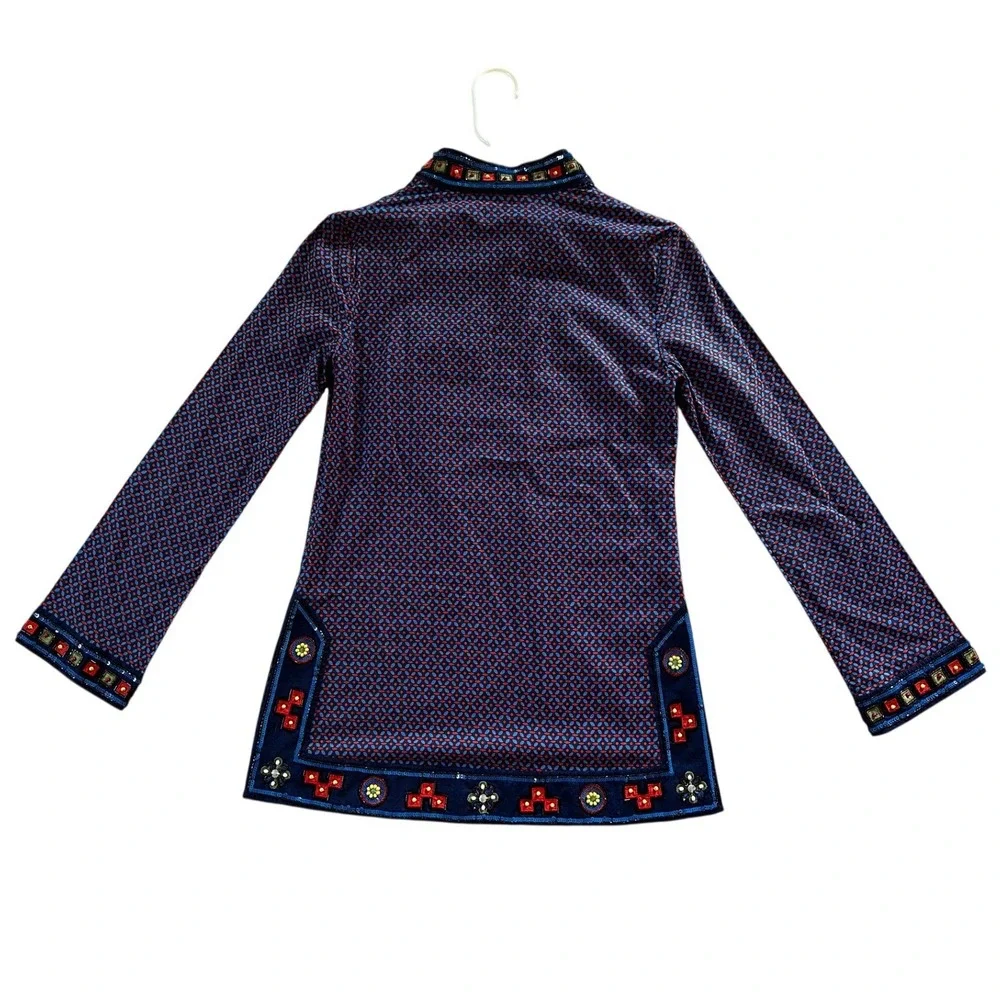 Tory Burch Blue Red Geometric Beaded Sequin Tunic Top Women's 2